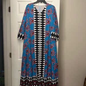 Vibrant Blue and Black Geometric Long Sleeve Dress